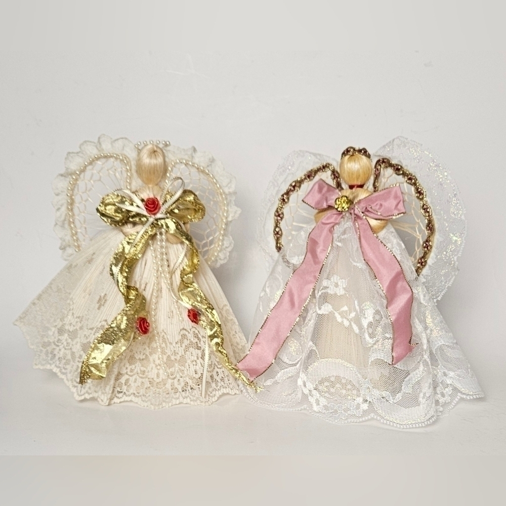Vintage 1970s Handmade Lace Angels – Set of 2 Straw & Lace Ornaments 8" EUC